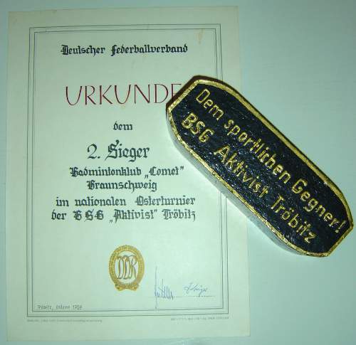 Urkunde und "Pokal" vom Osterturnier in Tröbitz