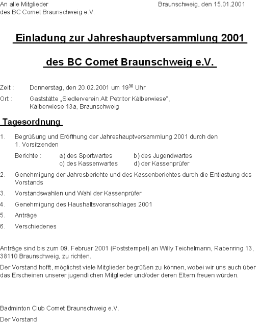 Einladung zur Jahreshauptversammlung 2001