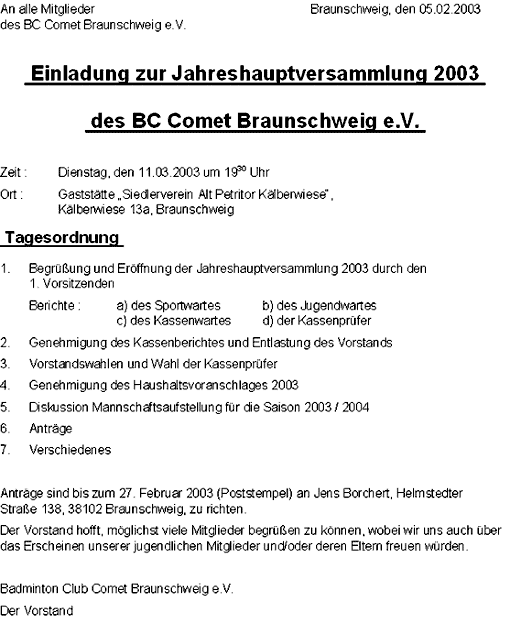 Einladung zur Jahreshauptversammlung 2003
