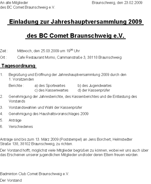 Einladung zur Jahreshauptversammlung