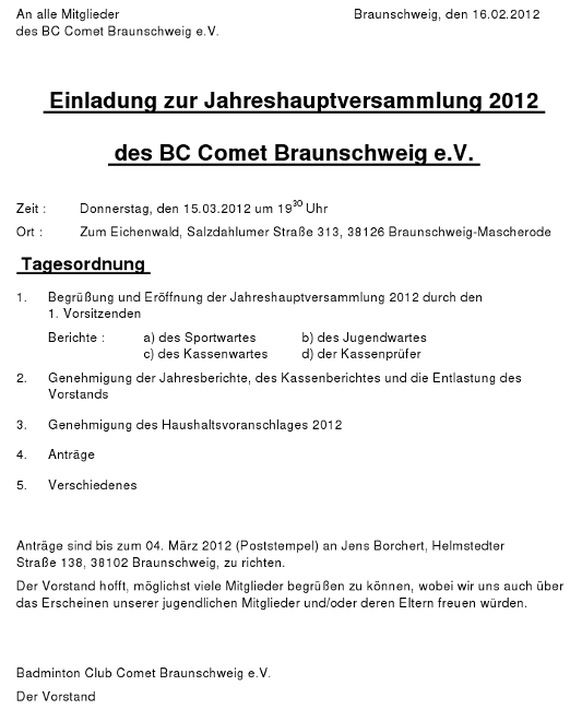 Einladung zur Jahreshauptversammlung 2012